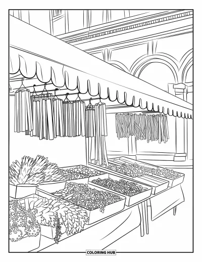 Coloriage d'Italie pour enfants : Les étals du marché de Florence exposent des pâtes suspendues et des herbes en pot