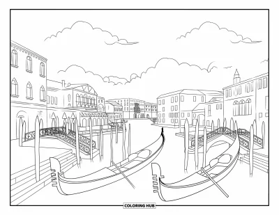 Coloriage d'Italie pour enfants : Des gondoles flottent sur les canaux de Venise près de bâtiments aux toits rouges et de ponts à rambardes en fer