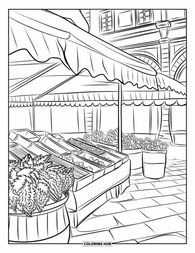 Coloriage d'Italie pour enfants : Des herbes aromatiques et des pâtes garnissent le marché pavé de Florence, entouré de bâtiments en arcades