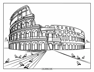 Coloriage d'Italie pour enfants : Des pigeons se perchent sur les marches du Colisée sous un ciel romain tranquille