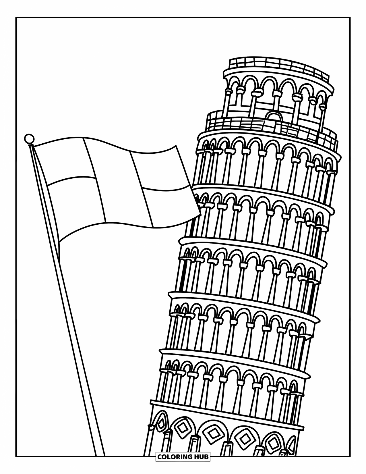 Italy Coloring Page for Kids: Pisa's iconic tower leans beside a fluttering flag on a plain backdrop