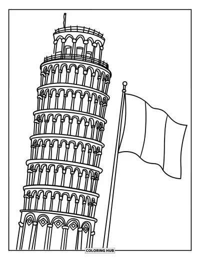 Coloriage d'Italie pour enfants : La tour penchée de Pise et un drapeau se dressent fièrement avec des lignes simples et nettes
