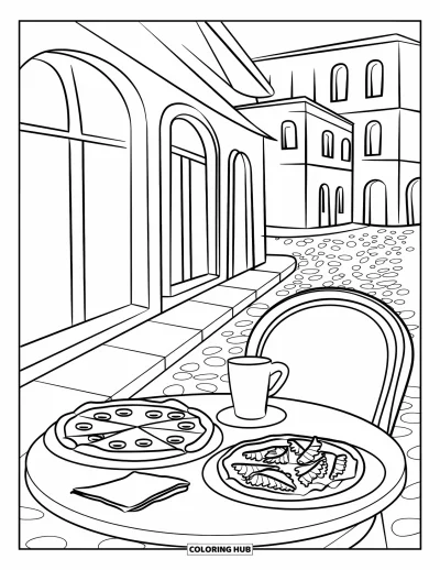 Coloriage d'Italie pour enfants : De la pizza et des pâtes sont posées sur une nappe à carreaux dans un café italien chaleureux
