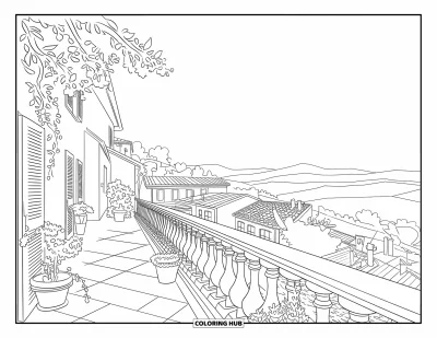 Coloriage d'Italie pour enfants : Des plantes en pot ornent un balcon au-dessus d'un village rustique niché au flanc d'une colline