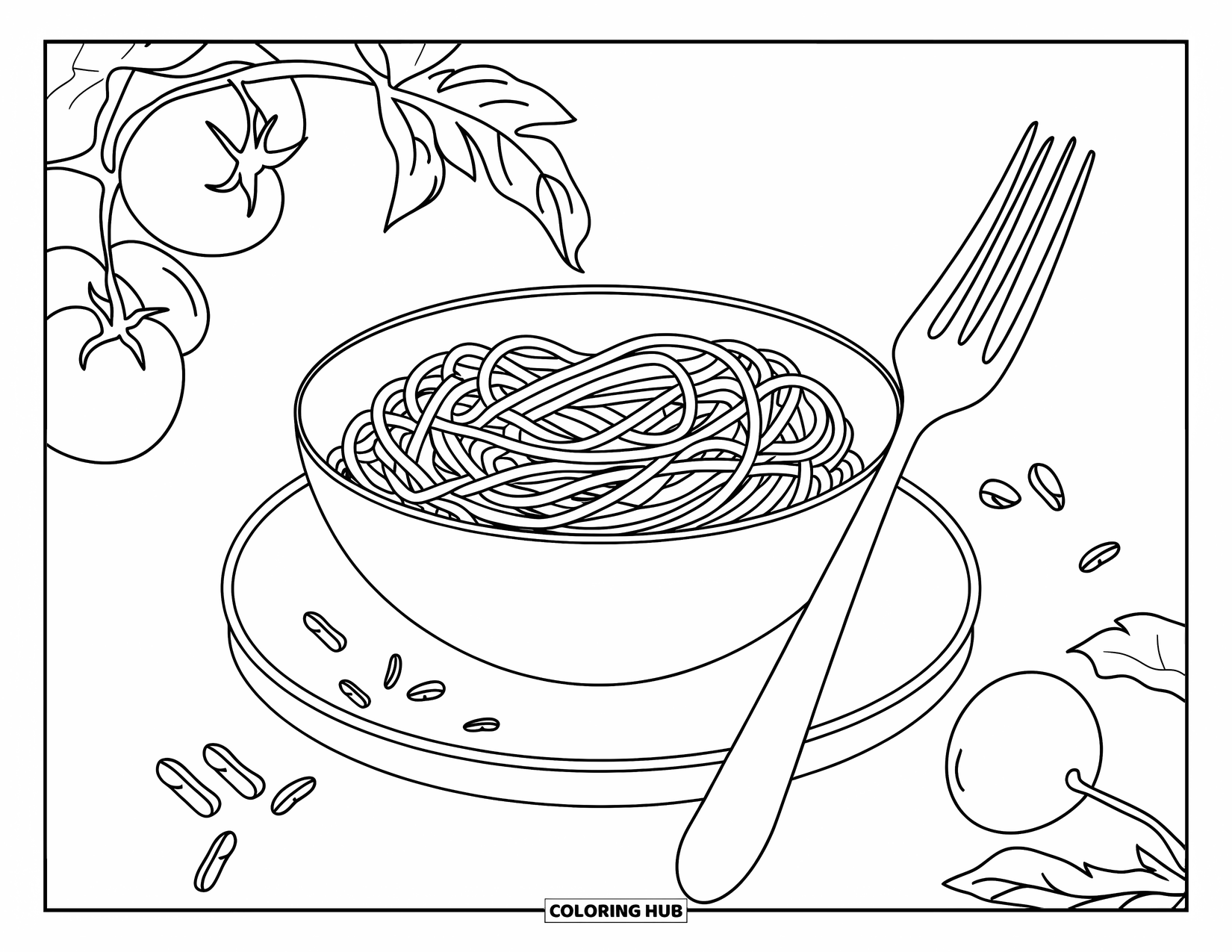 Italy Coloring Page for Kids: Spaghetti, tomatoes, basil, and a fork sit on a wooden plate