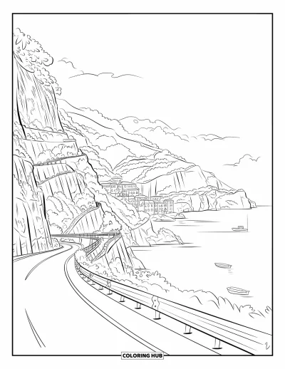 Coloriage d'Italie pour enfants : La vue sur la côte amalfitaine montre des routes sinueuses, des bateaux et des villages perchés sur les falaises