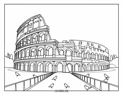 Coloriage d'Italie pour enfants : Le Colisée se dresse majestueusement à Rome avec des pigeons sur les marches et un ciel limpide