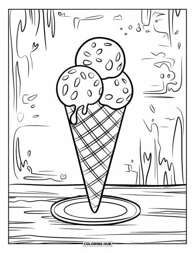 Coloriage d'Italie pour enfants : Un gelato à trois boules repose sur une assiette devant un mur rustique