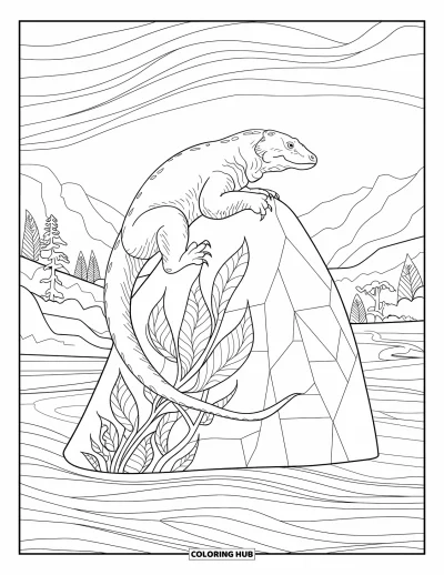Komodo-Drachen-Ausmalbild für Erwachsene: Ein Komodo-Drache erklimmt einen Felsen, eingehüllt in Buntglas-Ranken und Wirbel