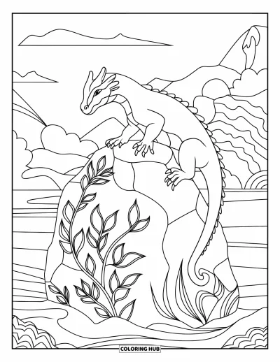 Komodo-Drachen-Ausmalbild für Erwachsene: Ein Komodo-Drache erklimmt einen Felsen mit Buntglas-Blättern und sanfter Landschaft