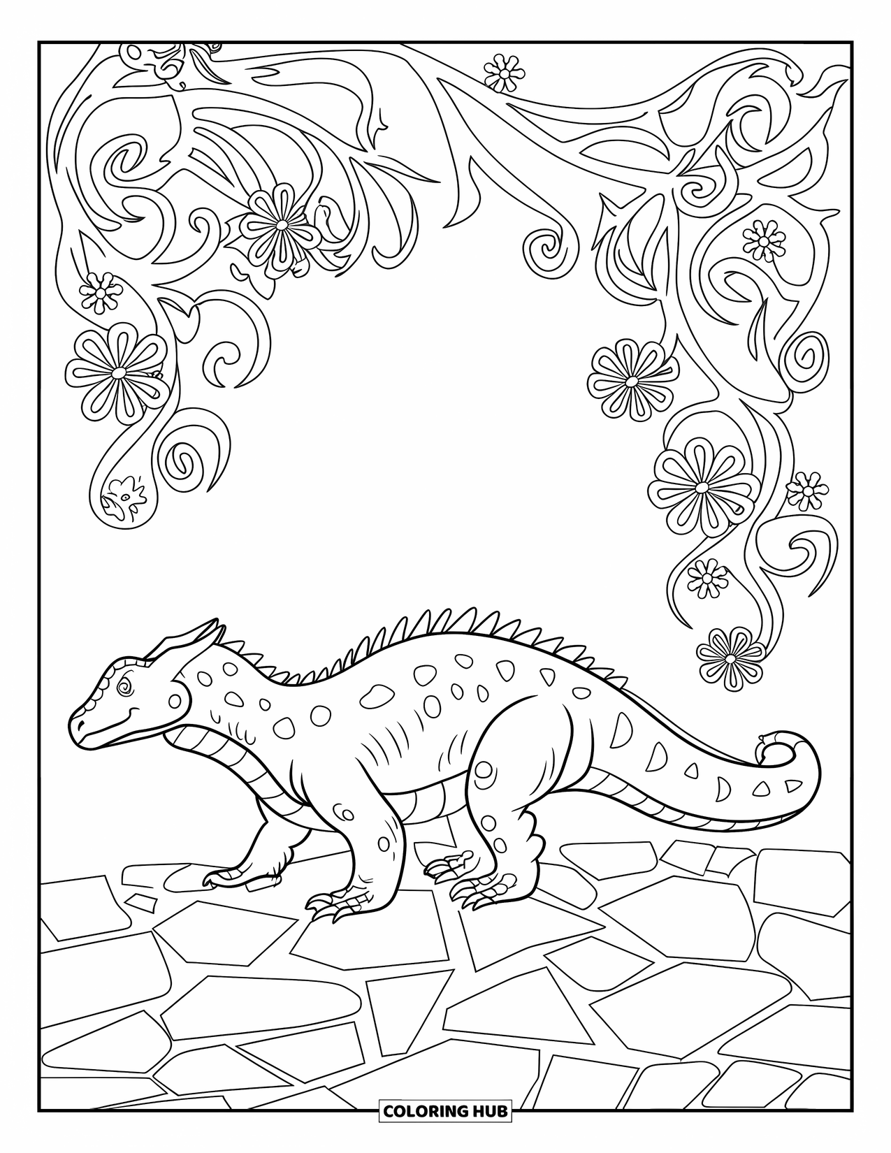 Komodo Dragon Coloring Page for Adults: Komodo dragon crosses rocky ground with spiraled vines and bold floral frames