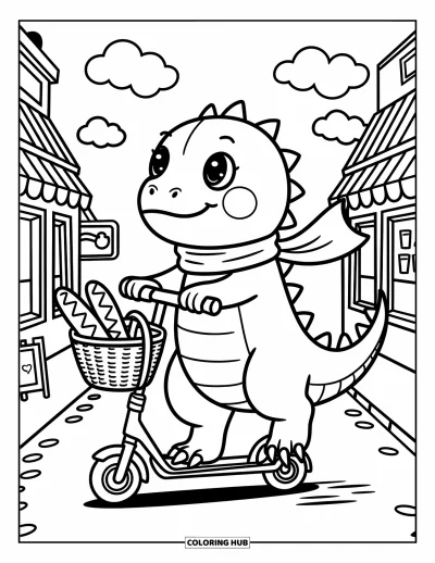 Komodo-Drachen-Ausmalbild für Erwachsene: Ein Komodo-Drache fährt Motorroller mit wehendem Schal und einem niedlichen Korb voller Dinge