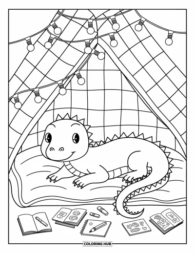 Komodo-Drachen-Ausmalbild für Erwachsene: Ein Komodo-Drache kuschelt sich in eine gemütliche Höhle aus Decken mit Lichterketten und Malutensilien
