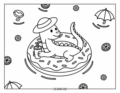 Komodo-Drachen-Ausmalbild für Erwachsene: Ein Komodo-Drache schwimmt auf einem Donut-Poolfloat mit einem Getränk und sommerlichen Doodles