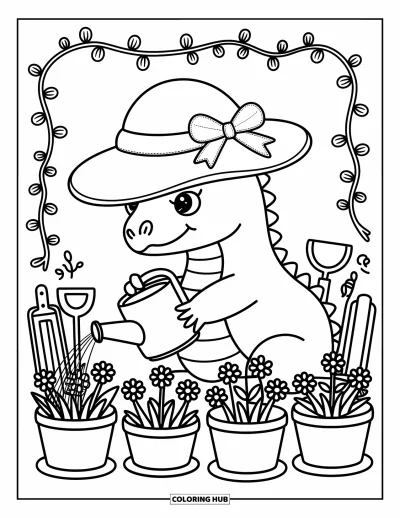 Komodo-Drachen-Ausmalbild für Erwachsene: Ein Komodo-Drache mit Schlappenhut gießt Blumen, umgeben von Ranken und Gartengeräten