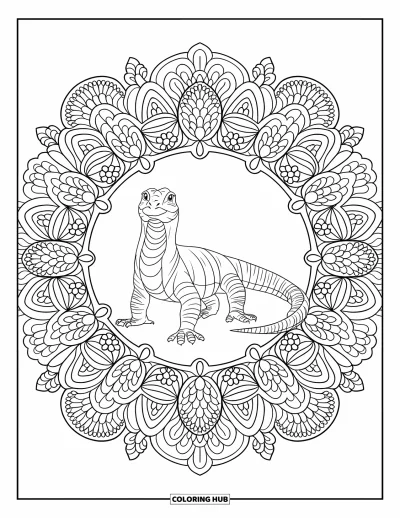 Komodo-Drachen-Ausmalbild für Erwachsene: Ein Komodo-Drache ist in ein ganzseitiges botanisches Mandala mit blattreichen Details eingebettet