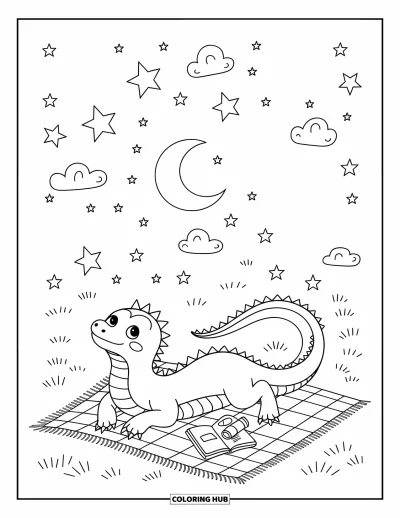 Komodo-Drachen-Ausmalbild für Erwachsene: Ein Komodo-Drache liegt auf einer Decke unter Sternen mit Glitzerpartikeln, Wolken und gemütlichen Dingen