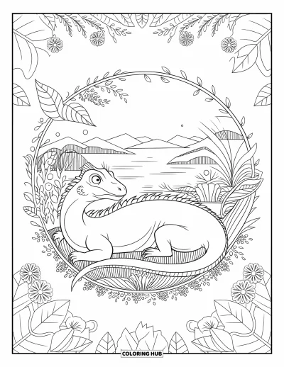Komodo-Drachen-Ausmalbild für Erwachsene: Ein Komodo-Drache liegt friedlich in einem Blumengarten, umgeben von der Natur