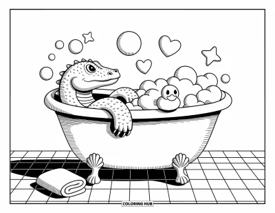 Komodo-Drachen-Ausmalbild für Erwachsene: Ein Komodo-Drache liegt in einer schaumgefüllten Badewanne mit Handtuch und Gummiente in der Nähe