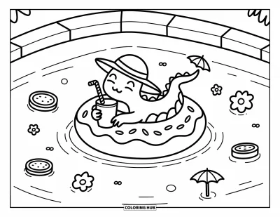 Komodo-Drachen-Ausmalbild für Erwachsene: Ein Komodo-Drache faulenzt auf einem Float in einem ruhigen Pool mit Früchten und Sonnenschirmen