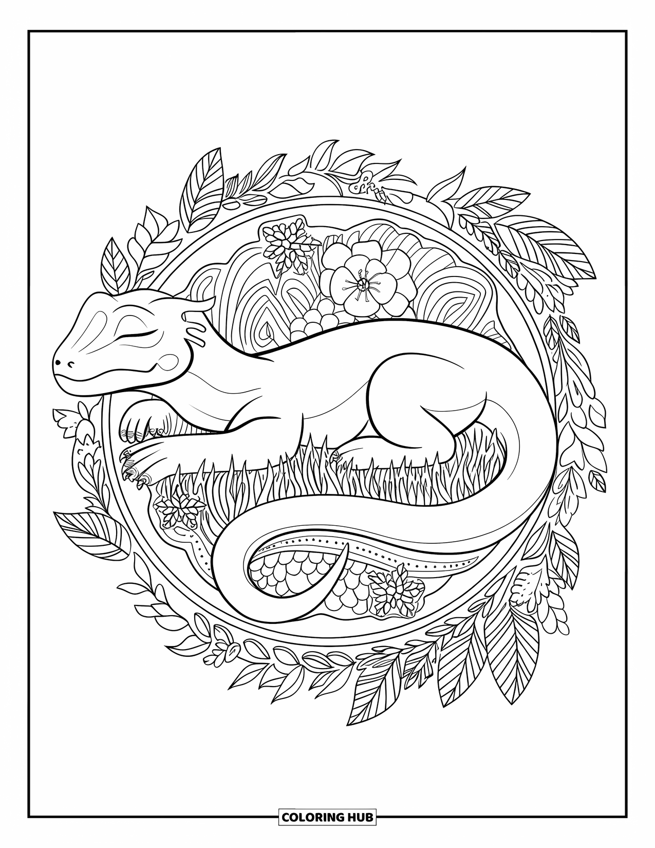 Komodo Dragon Coloring Page for Adults: Komodo dragon naps in a cozy garden filled with flowers and soft patterns