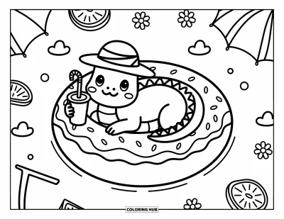 Komodo-Drachen-Ausmalbild für Erwachsene: Ein Komodo-Drache entspannt auf einem Poolfloat mit einem Strohhalm-Becher und Sommerleckereien