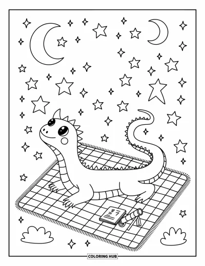 Komodo-Drachen-Ausmalbild für Erwachsene: Ein Komodo-Drache entspannt unter einem verträumten Nachthimmel mit Sternen, Monden und einem Teleskop