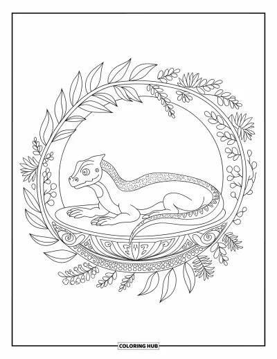 Komodo-Drachen-Ausmalbild für Erwachsene: Ein Komodo-Drache ruht in einem kreisförmigen Garten voller Blumen und Blätter