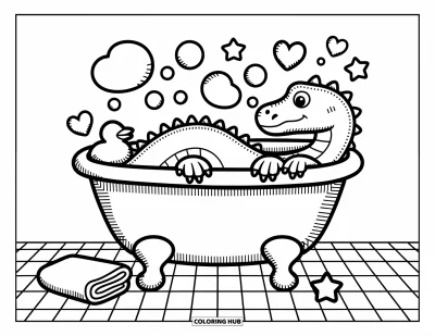 Komodo-Drachen-Ausmalbild für Erwachsene: Ein Komodo-Drache ruht in einer entspannenden Badewanne umgeben von verspielten Blasen und einer Entenseife