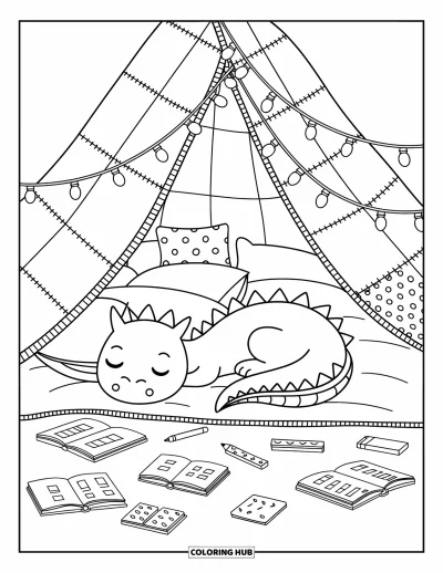 Komodo-Drachen-Ausmalbild für Erwachsene: Ein Komodo-Drache ruht in einer bunt geflickten Kuschelecke mit Lichterketten, Büchern und gemütlichen Dingen