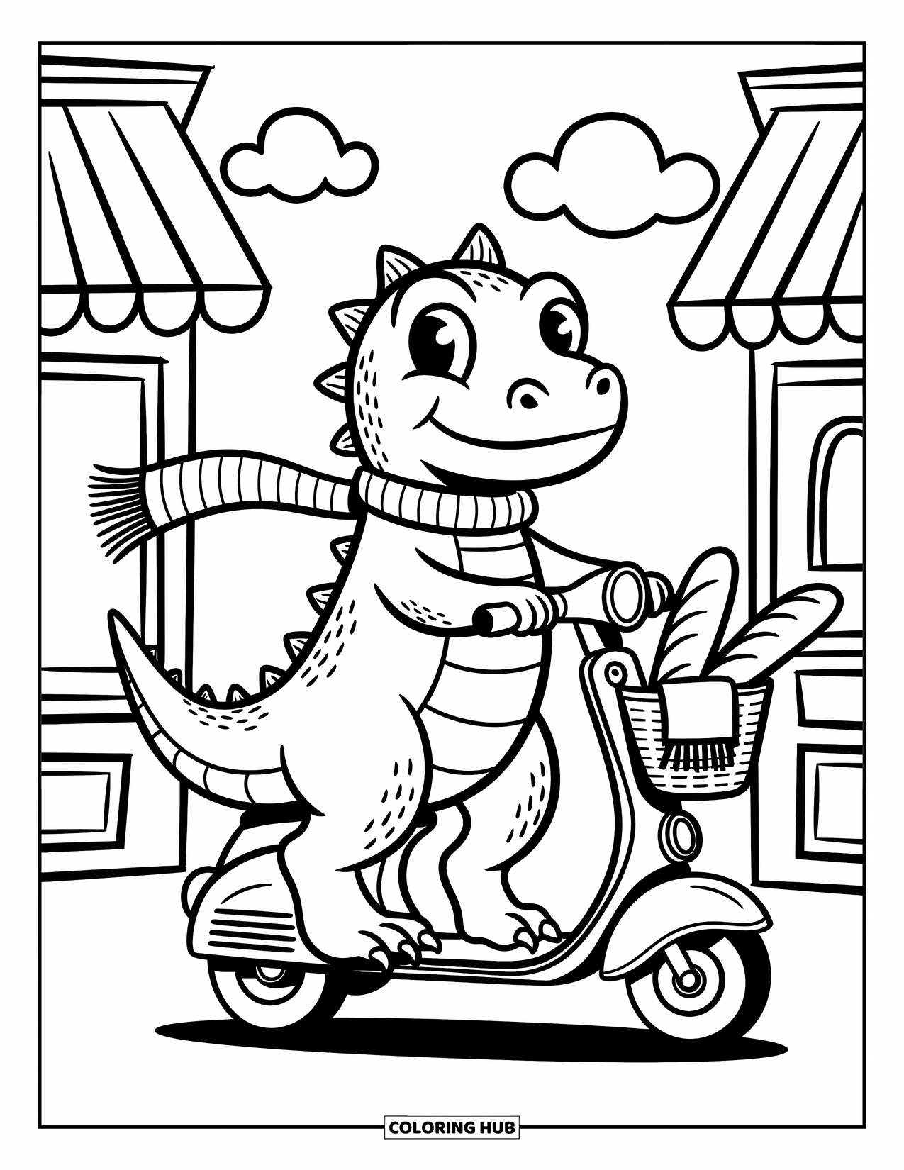 Komodo Dragon Coloring Page for Adults: Komodo dragon rides a scooter past shops with a baguette and blanket in front