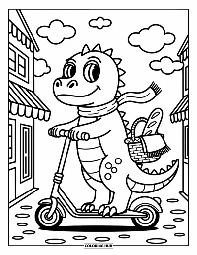 Komodo-Drachen-Ausmalbild für Erwachsene: Ein Komodo-Drache fährt Motorroller mit Schal und Korb voller Picknick-Leckereien