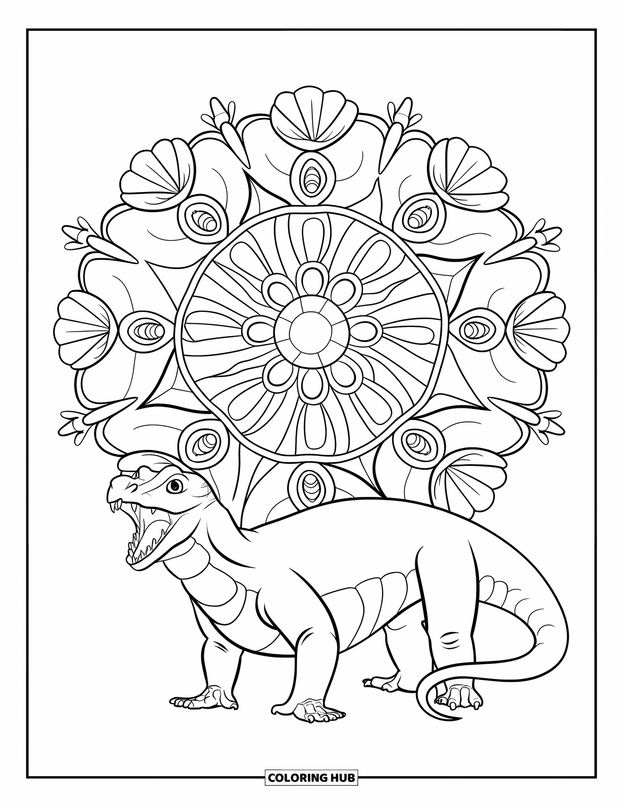 Komodo Dragon Coloring Page for Adults: Komodo dragon snarls in the center of a mandala of flowers and plants