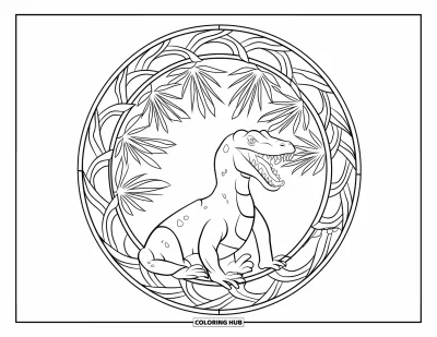 Komodo-Drachen-Ausmalbild für Erwachsene: Ein Komodo-Drache faucht in einem runden Rahmen aus geschichteten Blütenblättern und Palmenblättern