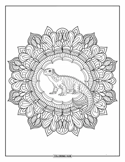 Komodo-Drachen-Ausmalbild für Erwachsene: Ein Komodo-Drache steht in einem botanischen Mandala gefüllt mit Ranken und Blüten