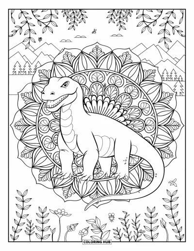 Komodo-Drachen-Ausmalbild für Erwachsene: Ein Komodo-Drache steht in einem üppigen Mandala umgeben von Natur und kleinen Lebewesen