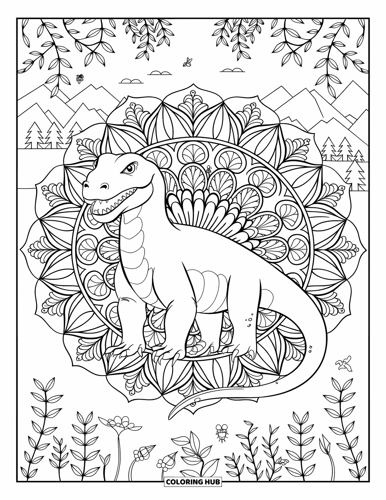 Komodo Dragon Coloring Page for Adults: Komodo dragon stands in a lush mandala surrounded by nature and tiny creatures
