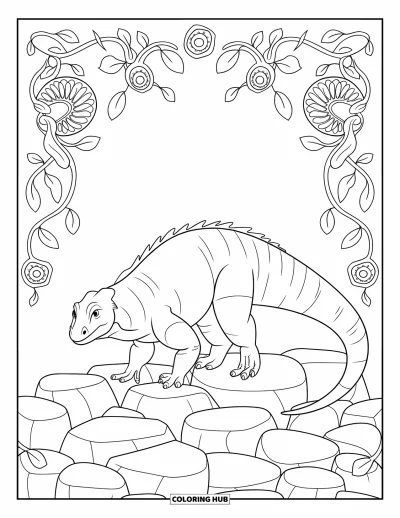 Komodo-Drachen-Ausmalbild für Erwachsene: Ein Komodo-Drache spaziert über felsiges Gelände mit üppigen Ranken ringsum
