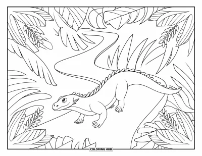 Komodo-Drachen-Ausmalbild für Erwachsene: Ein Komodo-Drache geht einen Dschungelpfad entlang, umrahmt von symmetrischen Blättern und Blüten