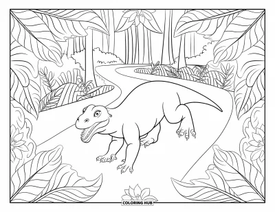 Komodo-Drachen-Ausmalbild für Erwachsene: Ein Komodo-Drache geht einen belaubten Pfad entlang, gesäumt von gemusterten Blättern und zarten Dschungelblüten