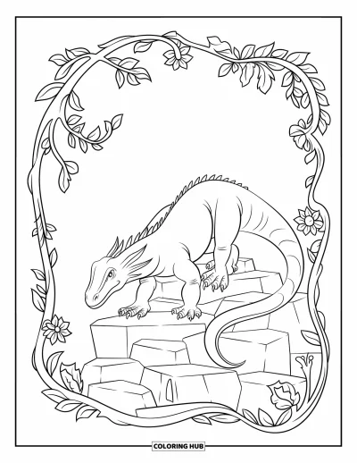 Komodo-Drachen-Ausmalbild für Erwachsene: Ein Komodo-Drache überquert Steine, umrahmt von Dschungelranken und floralen Spiralen