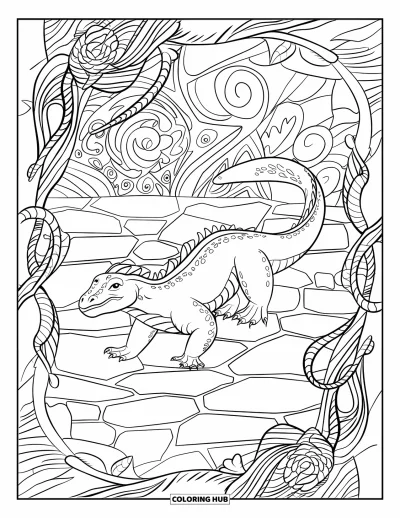 Komodo-Drachen-Ausmalbild für Erwachsene: Ein Komodo-Drache wandert durch Dschungelranken und Felsterrain mit filigranen Mustern