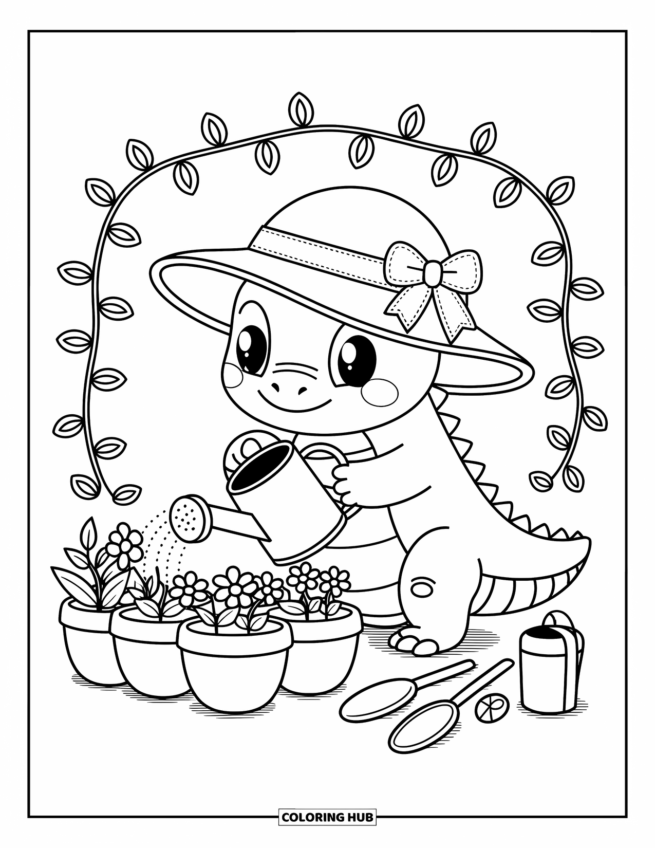 Komodo Dragon Coloring Page for Adults: Komodo dragon waters garden pots while vines and tiny leaves frame the scene