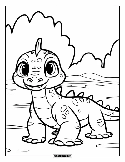 Komodo-Drachen-Ausmalbild für Kinder: Ein fröhlicher Komodo-Drache mit runden Augen steht neben weichen, geschwungenen Büschen