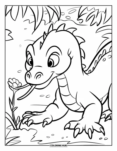 Komodo-Drachen-Ausmalbild für Kinder: Ein neugieriger Komodo-Drache kriecht vorwärts mit herausgestreckter Zunge neben einer Blume