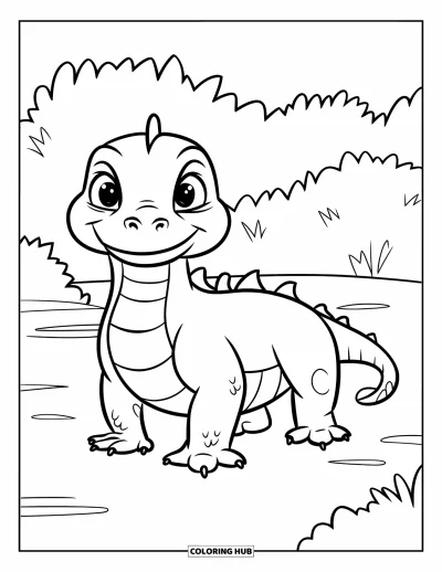 Komodo-Drachen-Ausmalbild für Kinder: Ein niedlicher Komodo-Drache steht auf ebenem Boden mit einfachen Büschen dahinter