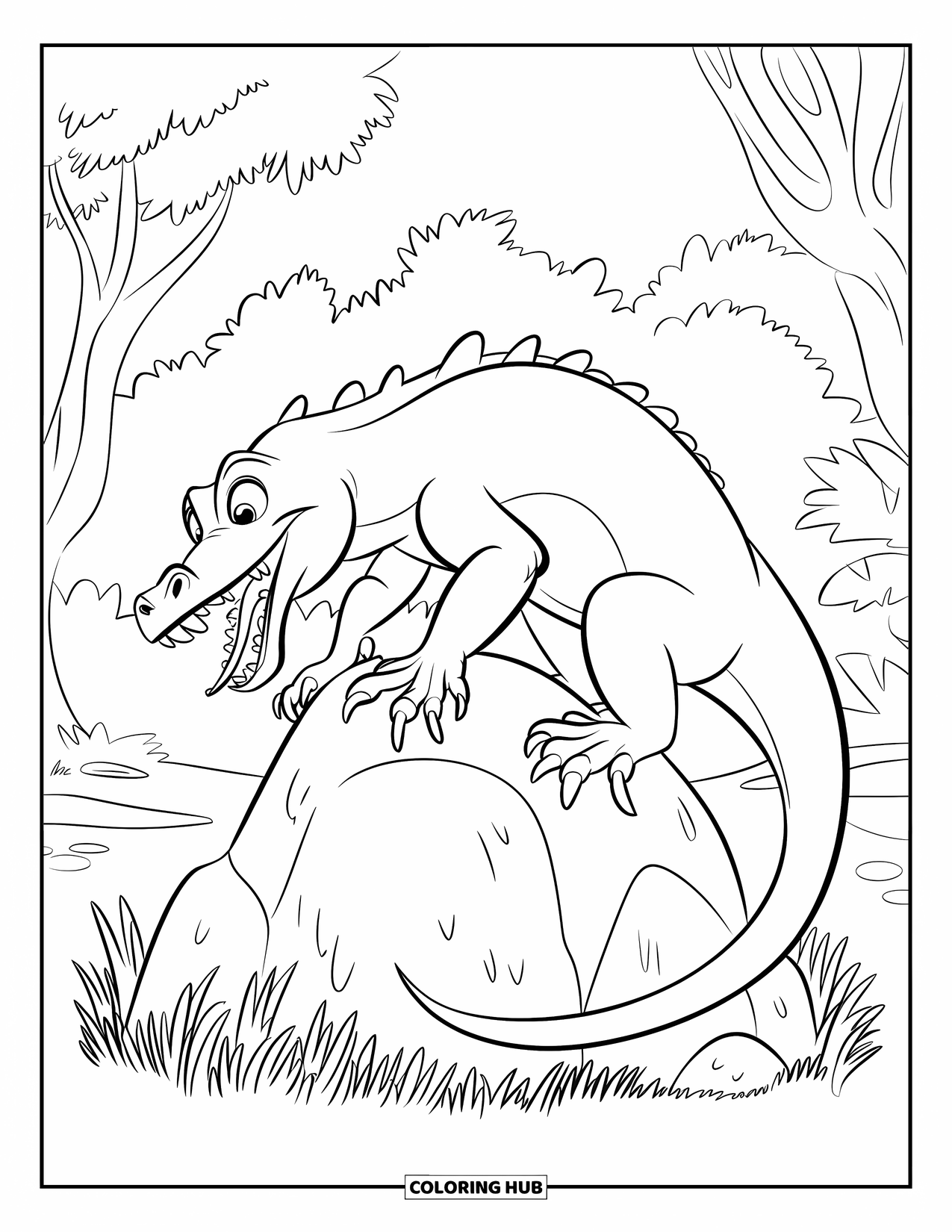 Komodo Dragon Coloring Page for Kids: Komodo dragon climbs a boulder with dry grass beneath its feet