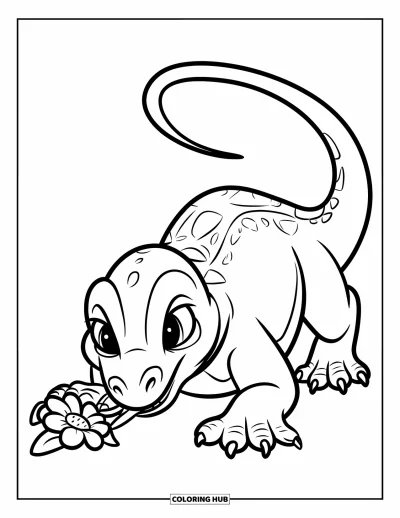 Komodo-Drachen-Ausmalbild für Kinder: Ein Komodo-Drache kriecht mit herausgestreckter Zunge, eine Blume daneben auf weißem Hintergrund
