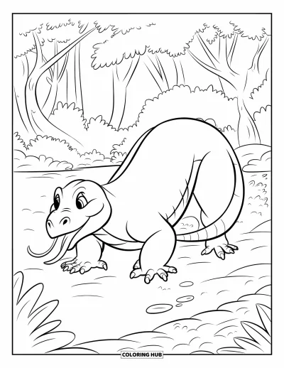 Komodo-Drachen-Ausmalbild für Kinder: Ein Komodo-Drache erkundet mit herausgestreckter Zunge Felsen unter Laubbäumen
