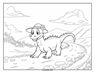 Komodo-Drachen-Ausmalbild für Kinder: Ein Komodo-Drache mit Hut geht einen geschwungenen Pfad unter einem wolkigen Himmel
